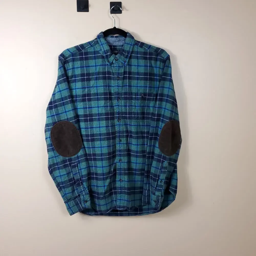 J. Crew Plaid Button-up Flannel Shirt with Leather Elbow Patches Size M